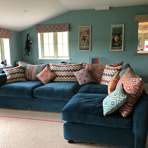 7 Hambledon Corner Sofa in Essentials House Velvet with Clarke & Clarke Navajo Scatters